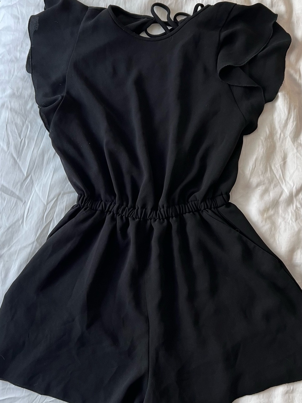 Aritzia Black Flutter-Sleeve Romper with Back Tie